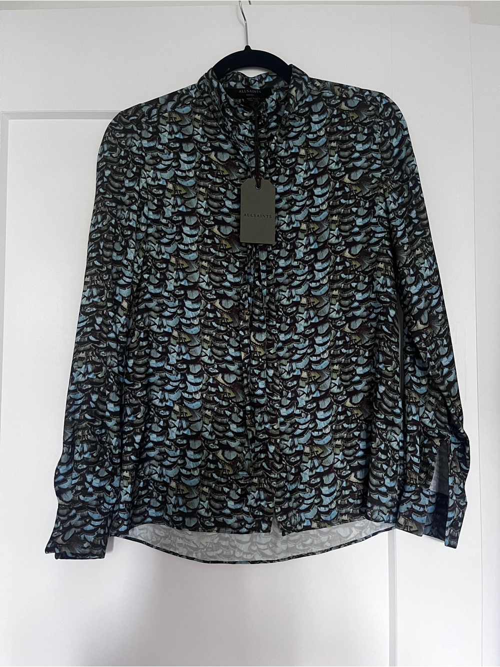 AllSaints Teal, Green, and Black Toni Plume Patterned Silk Blend Button UpBlouse